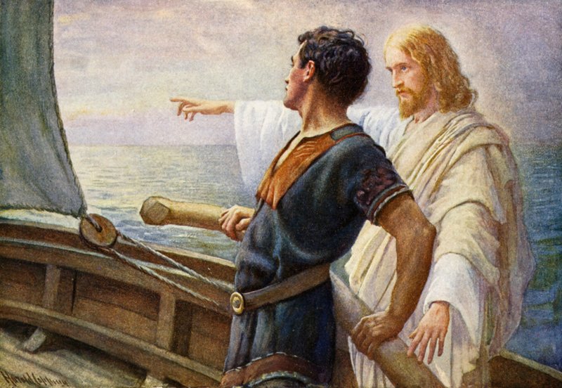 Elämän auringonnousu, Kristus ruorissa (väri litho) tekijältä Harold Copping