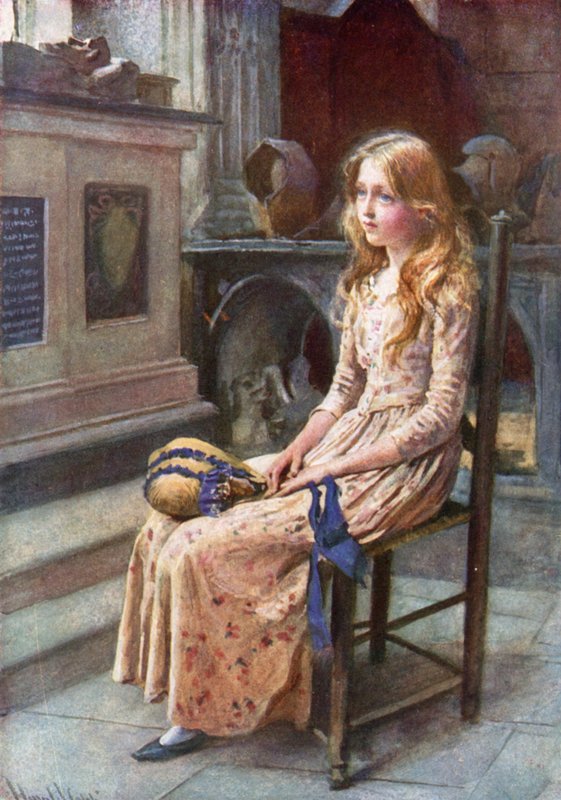 Pikku Nell vanhassa kirkossa (väri litho) tekijältä Harold Copping