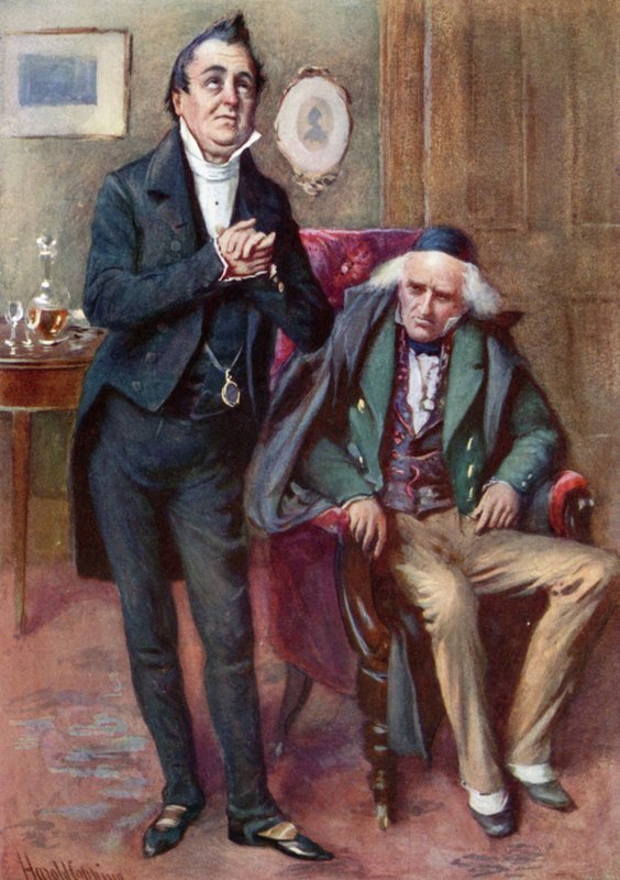 Mr. Pecksniff ja Old Martin Chuzzlewit (värilitho) tekijältä Harold Copping