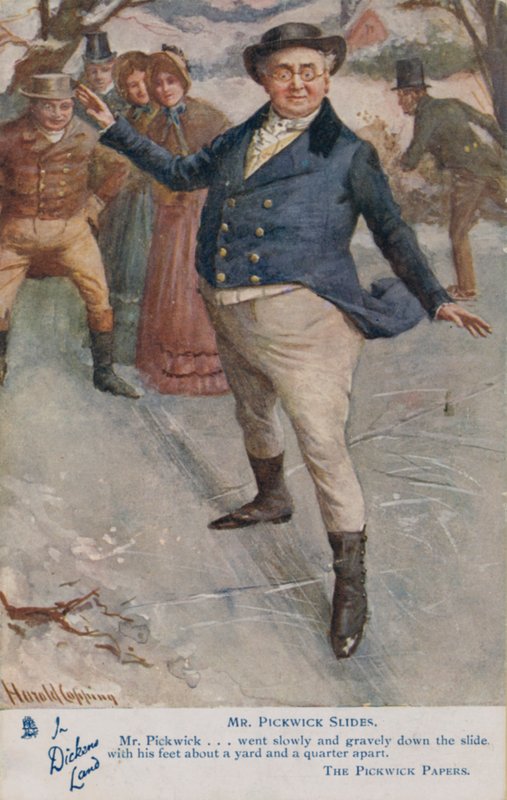 Mr Pickwick liukumassa jäällä, kohtaus Charles Dickensin romaanista Pickwick Papers (värilitho) tekijältä Harold Copping