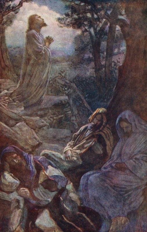 Uusi testamentti: Getsemanen (värilitografia) tekijältä Harold Copping