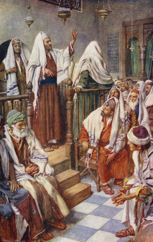 Uusi testamentti: Paavali saarnaa (värilitografia). tekijältä Harold Copping
