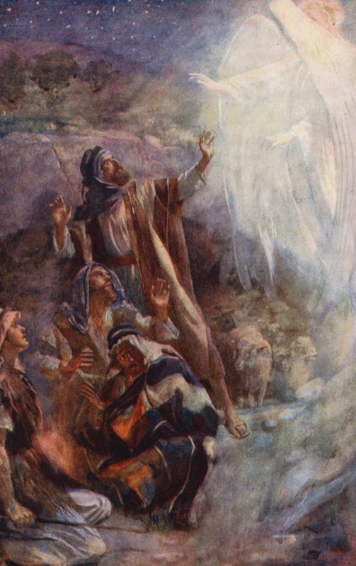 Uusi testamentti: Betlehemin paimenet (värilitografia): Betlehemin paimenet (värilitografia) tekijältä Harold Copping