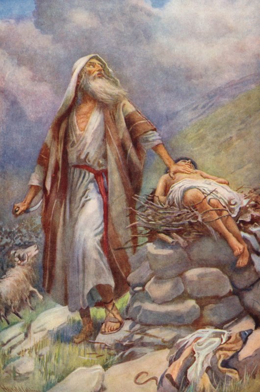Vanha testamentti: Aabraham ja Iisak (värilitografia). tekijältä Harold Copping