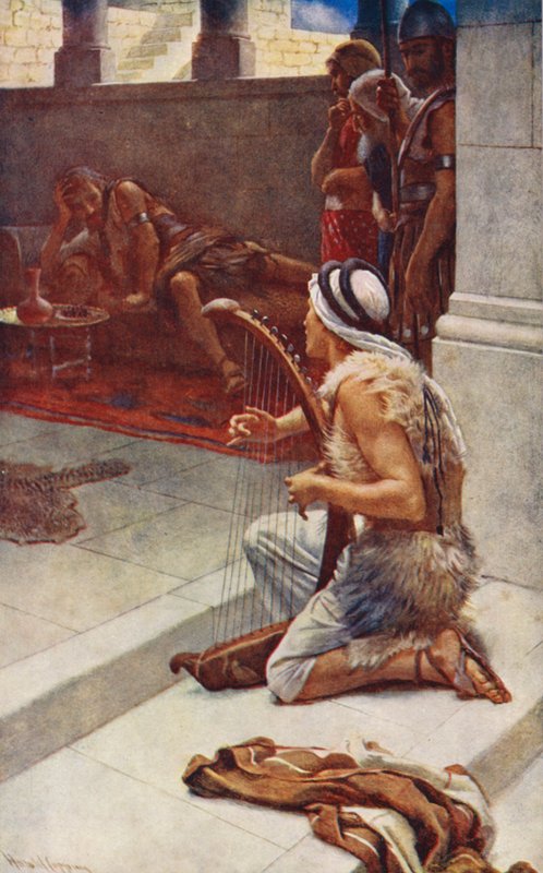 Vanha testamentti: David the Musician (värilitografia). tekijältä Harold Copping