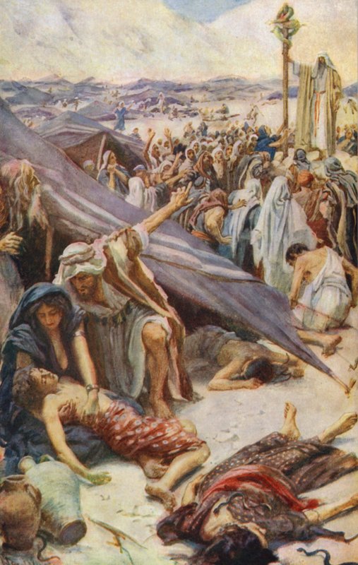 Vanha testamentti: Brazen Serpent (värilitografia). tekijältä Harold Copping