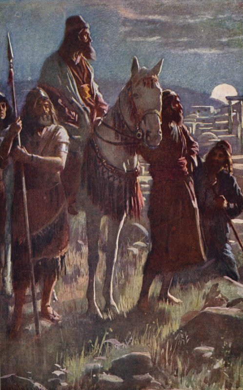 Vanha testamentti: Nehemian keskiyön tutkimus (värilitografia). tekijältä Harold Copping