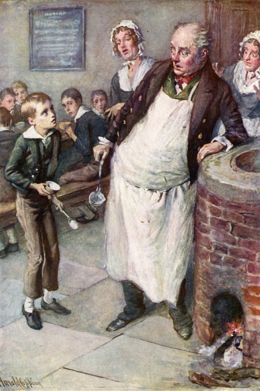 Oliver pyytää lisää (väri litho) tekijältä Harold Copping
