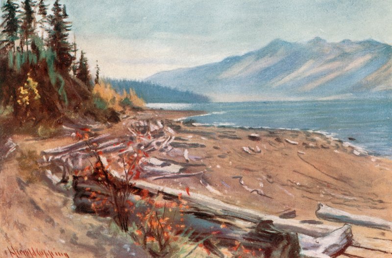 Näkymä Kootenay-järven rannalta tekijältä Harold Copping