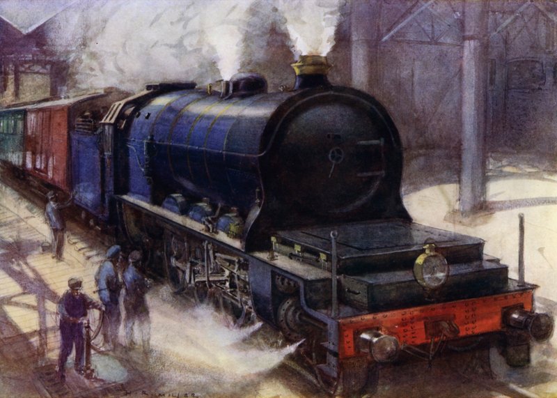 Flamme Pacific, 2-10-0 -veturi, joka kuljetti Brysselistä Oostendeen pikaliikennettä Belgian valtion rautateillä, aikansa tehokkain veturi Euroopassa (värilitho) tekijältä Harold Robert Millar
