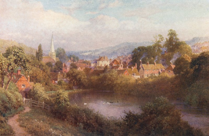 Godalming, pala vanhaa kaupunkia (värilitografia) tekijältä Harold Sutton Palmer