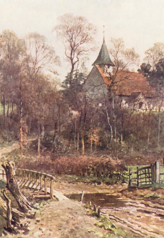 Pyrfordin kirkko, lähellä Wokingia (värilitro). tekijältä Harold Sutton Palmer