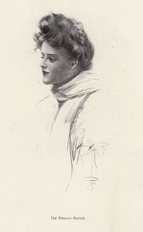 Hahmo, kreivitär Frina Mavrodin Percy Brebnerin (litho) romaanista Prinsessa Moritza tekijältä Harrison Fisher