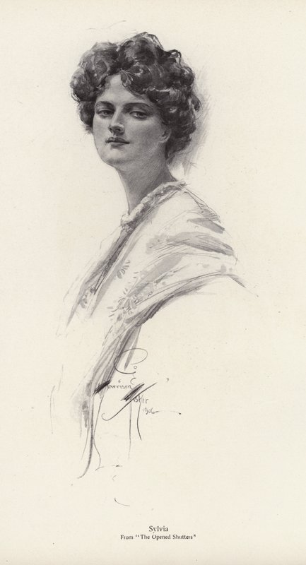 Hahmo, Sylvia, Clara Louise Burnhamin (litho) romaanista The Opened Shutters tekijältä Harrison Fisher