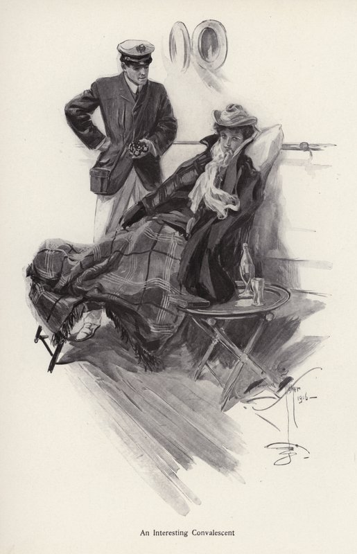 Kapteeni laivalla puhumassa toipilaan naiselle (litho) tekijältä Harrison Fisher