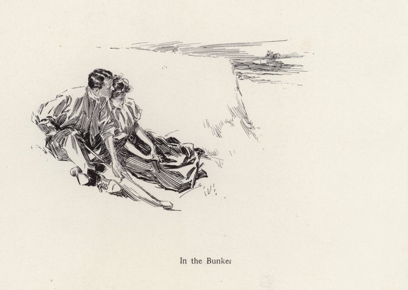 Pariskunta romanttisessa syleilyssä golfkentän bunkerissa (litho) tekijältä Harrison Fisher