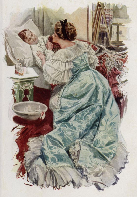 Kuvitus Mary Roberts Rinehartin kirjaan Kun mies menee naimisiin (värilitografia). tekijältä Harrison Fisher