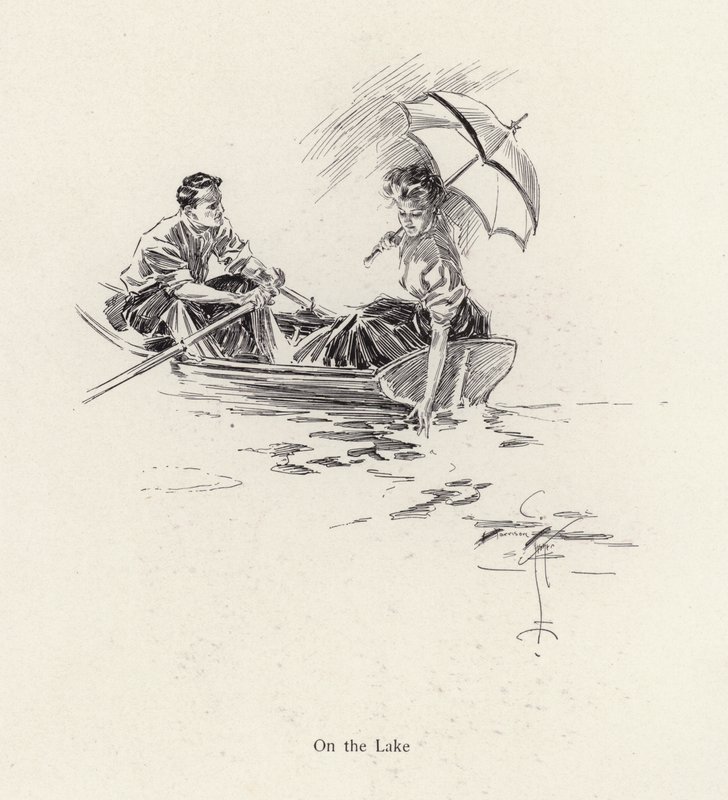 Mies ja nainen soutuveneessä järvellä (litho) tekijältä Harrison Fisher