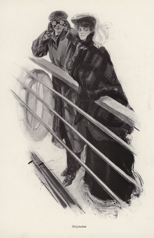 Mies ja nainen katselevat laivan kaiteiden yli (litho) tekijältä Harrison Fisher