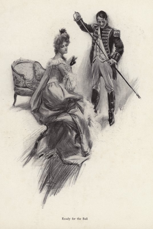 Mies ja nainen valmistautuvat palloon (litho) tekijältä Harrison Fisher