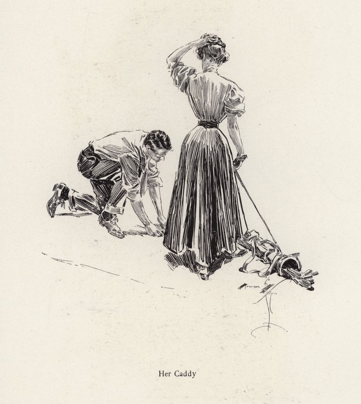 Mies caddying naiselle golfkentällä (litho) tekijältä Harrison Fisher