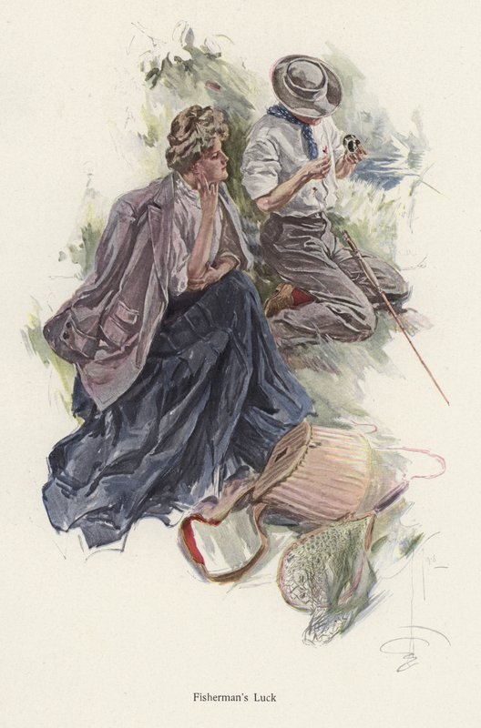 Mies kalastaa joen rannalla naisen katsellessa (väri litho) tekijältä Harrison Fisher