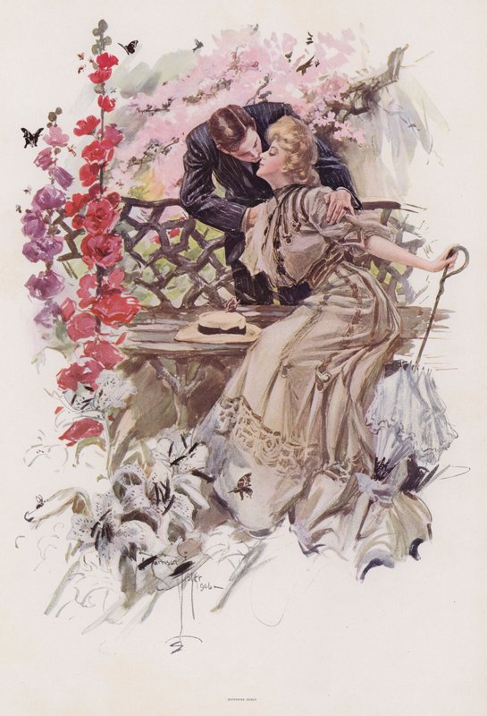 Mies suutelee naista puutarhassa (väri litho) tekijältä Harrison Fisher
