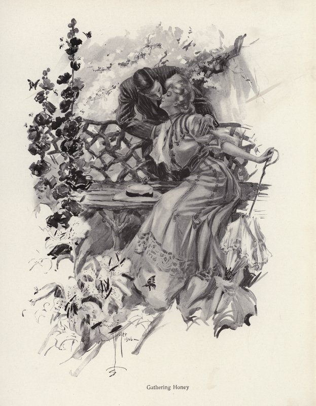 Mies suutelee naista puutarhassa (litho) tekijältä Harrison Fisher