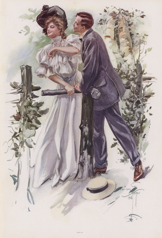 Mies yrittää varastaa suudelman nuorelta naiselta (väri litho) tekijältä Harrison Fisher