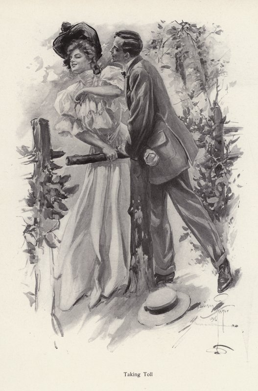 Mies yrittää varastaa suudelman nuorelta naiselta (litho) tekijältä Harrison Fisher