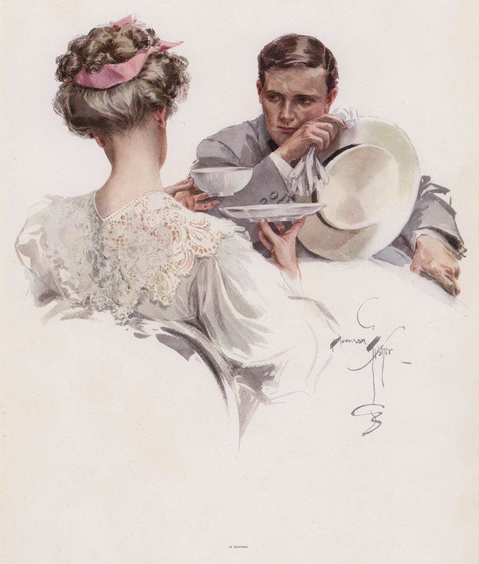 Mies odottaa naisen uskovan hänelle salaisuuden (väri litho) tekijältä Harrison Fisher