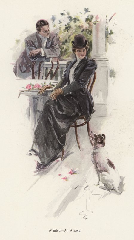 Mies odottaa vastausta nuorelta naiselta (väri litho) tekijältä Harrison Fisher