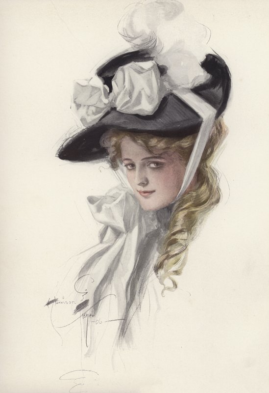 Naisen muotokuva hienossa hatussa (väri litho) tekijältä Harrison Fisher