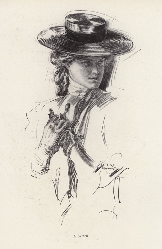 Naisen muotokuva hatussa (litho) tekijältä Harrison Fisher