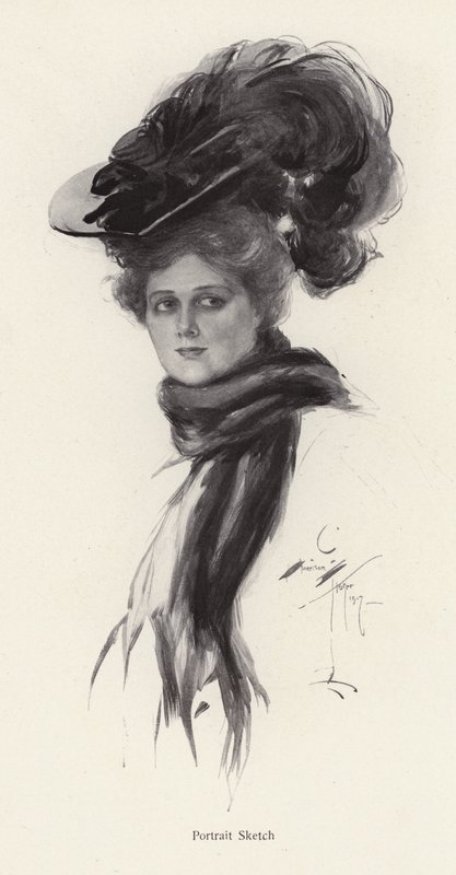 Naisen muotokuva suuressa hatussa (litho) tekijältä Harrison Fisher