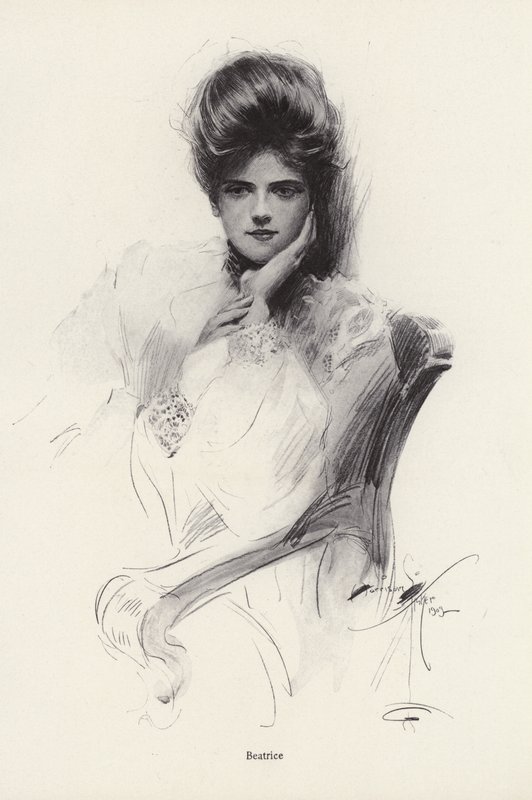 Naisen muotokuva nimeltä Beatrice (litho) tekijältä Harrison Fisher