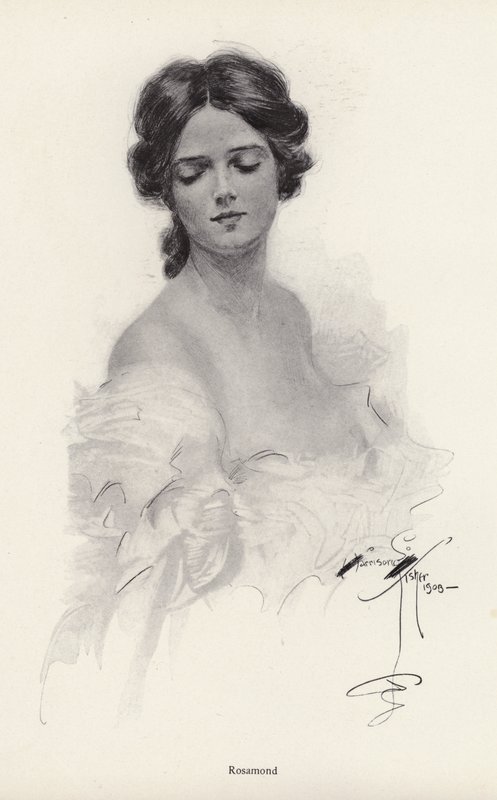 Rosamond-nimisen naisen muotokuva (litho) tekijältä Harrison Fisher