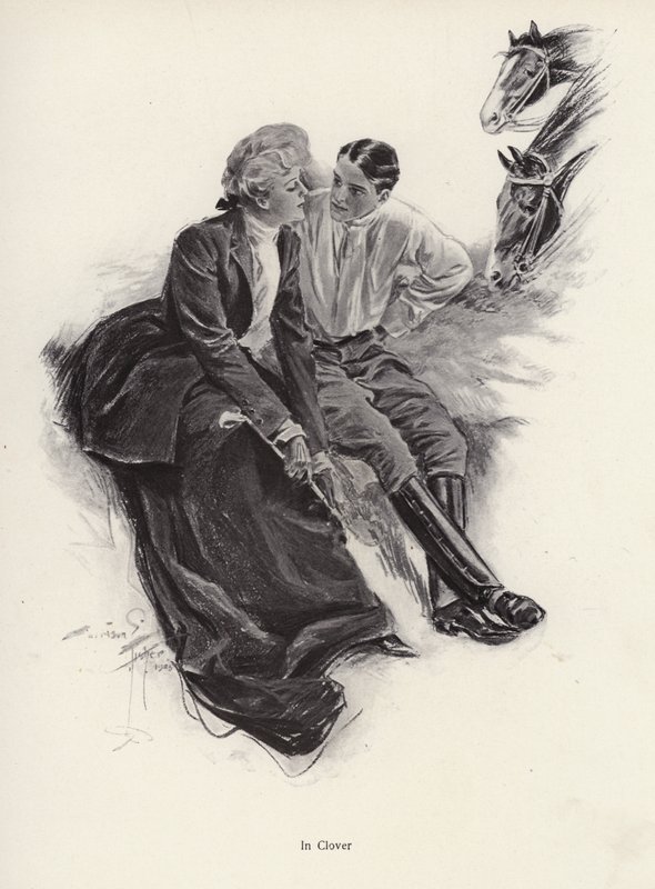 Romanttinen pariskunta tauolla ratsastuksen aikana (litho) tekijältä Harrison Fisher