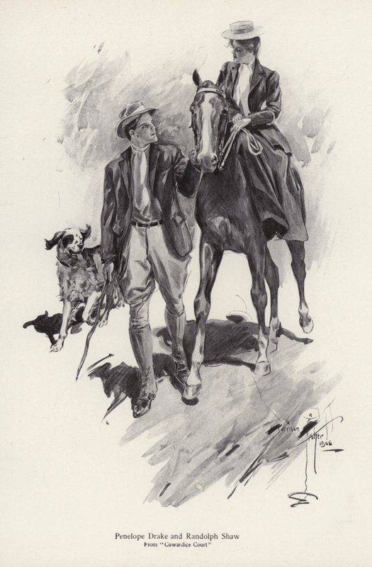Kaksi hahmoa, Penelope Drake ja Randolph Shaw romaanista Cowardice Court, kirjoittanut George Barr McCutcheon (litho) tekijältä Harrison Fisher