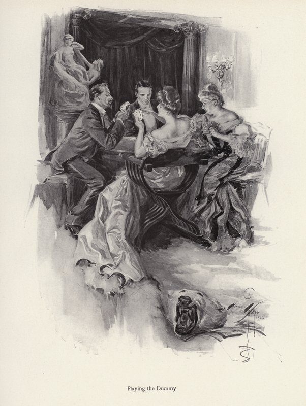 Kaksi pariskuntaa pelaamassa korttia iltajuhlissa (litho) tekijältä Harrison Fisher