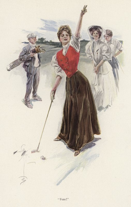 Nainen golfaaja kentällä (väri litho) tekijältä Harrison Fisher