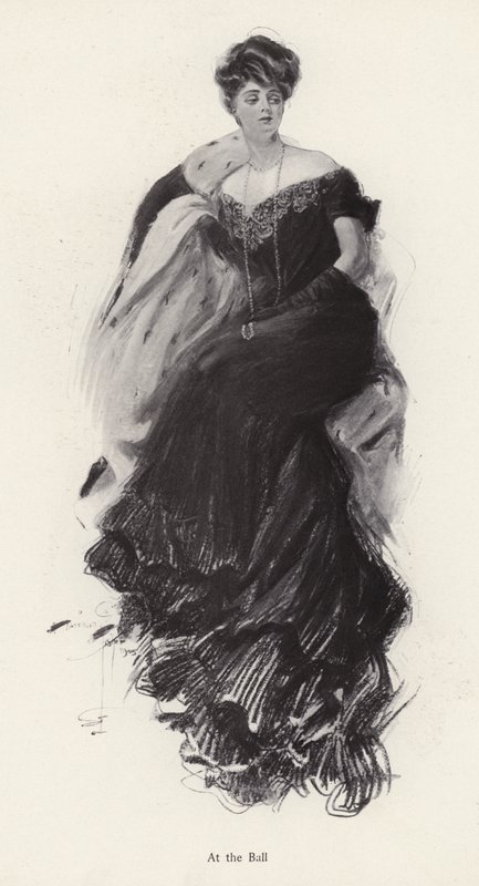 Nainen iltapuvussa ballissa (litho) tekijältä Harrison Fisher