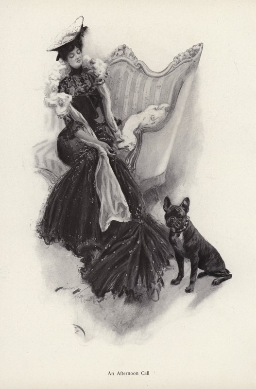 Nainen soittamassa iltapäiväpuhelua (litho) tekijältä Harrison Fisher