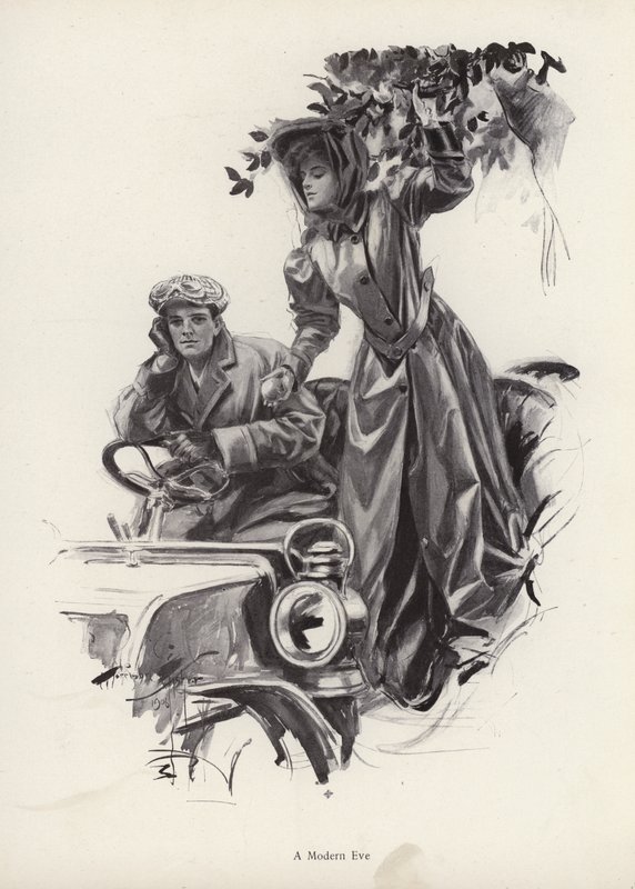 Nainen poimimassa omenoita auton sisältä (litho) tekijältä Harrison Fisher