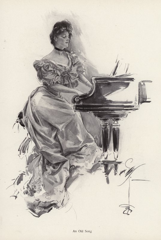 Nainen soittaa kappaletta pianolla (litho) tekijältä Harrison Fisher