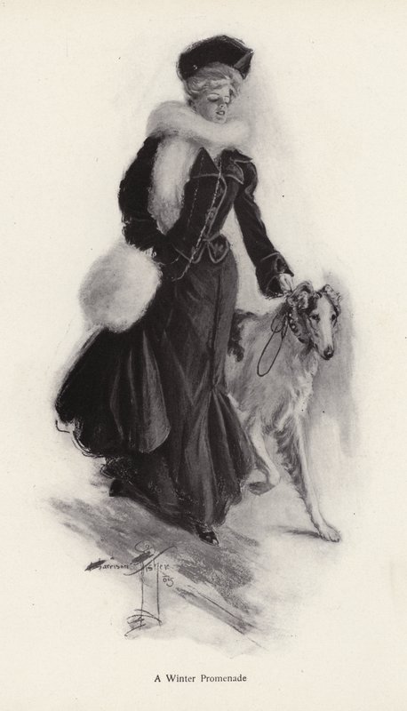 Nainen ulkoiluttaa karkeaa collie-koiraansa talvella (litho) tekijältä Harrison Fisher