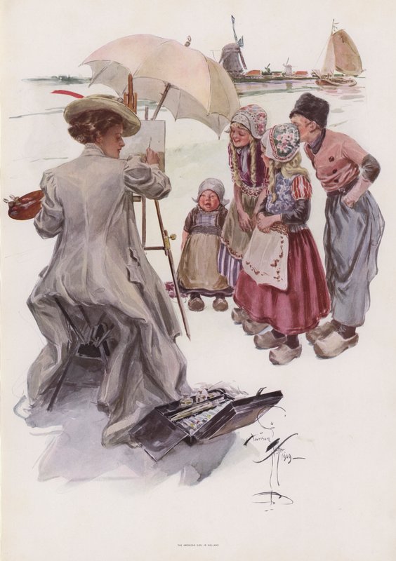 Batang Amerikanong babae na nagpinta ng Dutch scene (color litho)finn tekijältä Harrison Fisher