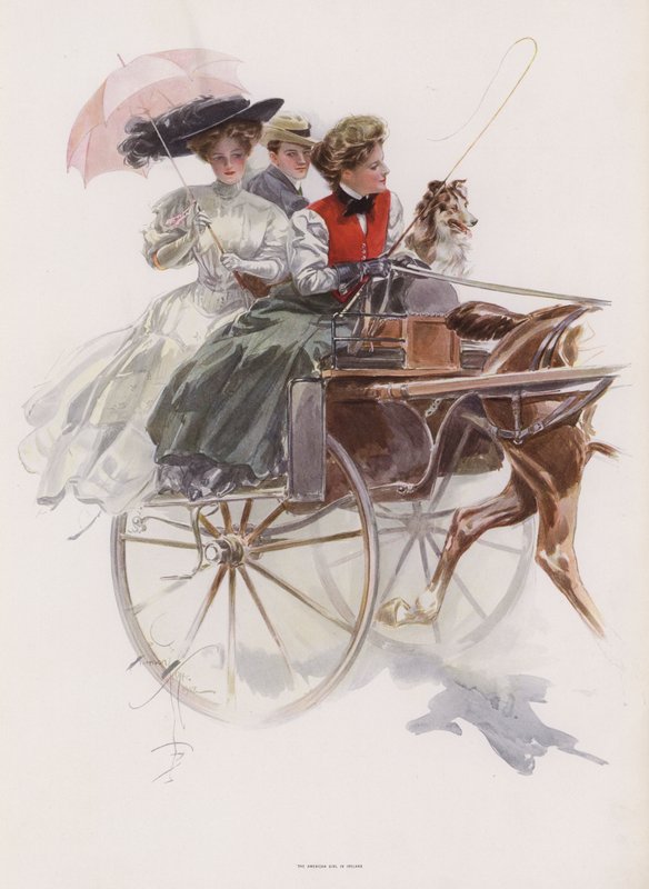 Nuori amerikkalainen nainen ratsastaa keikalla tai vastaavassa hevoskärryssä Irlannissa (väri litho) tekijältä Harrison Fisher