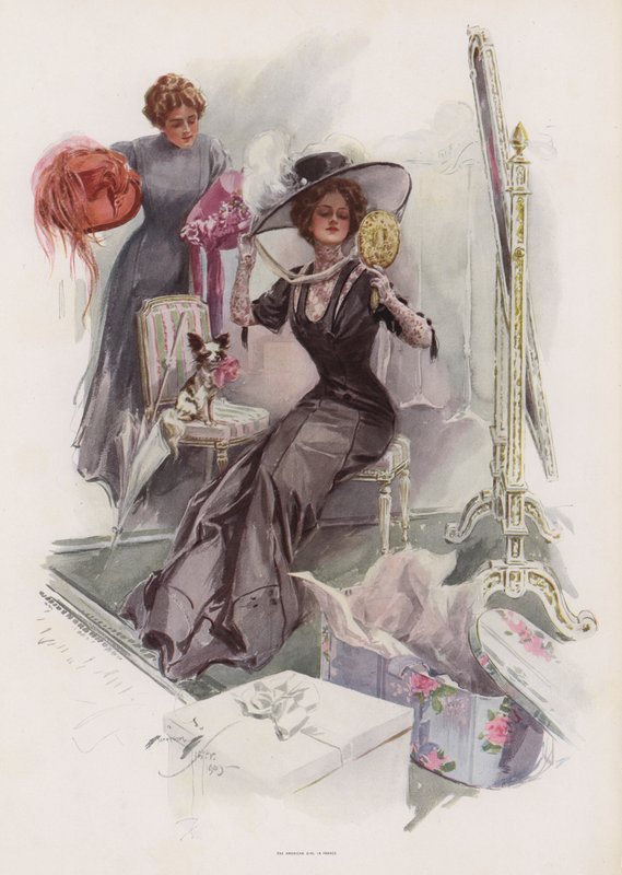 Nuori amerikkalainen nainen kokeilee hattuja ranskalaisessa hatussa (väri litho) tekijältä Harrison Fisher