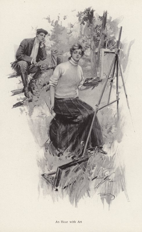 Nuori nainen taiteilija maalaa maaseudulla, kun nuori mies katselee (litho) tekijältä Harrison Fisher